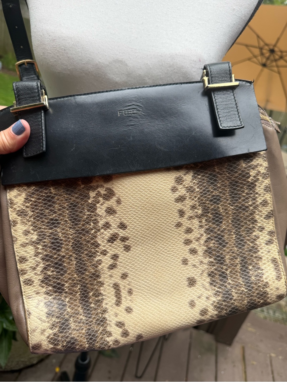Furla Black and Beige Snake-Effect Messenger Bag